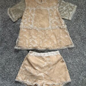 Vintage Beige Lace Overlay Top and Shorts Set